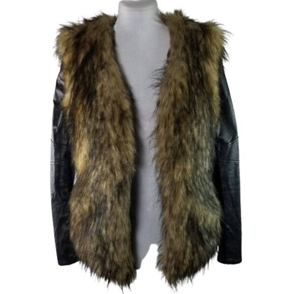 Bardot Womens Faux Fur Leather Long Sleeves Jacket Coat Black Tan Size 6 - Picture 2 of 12